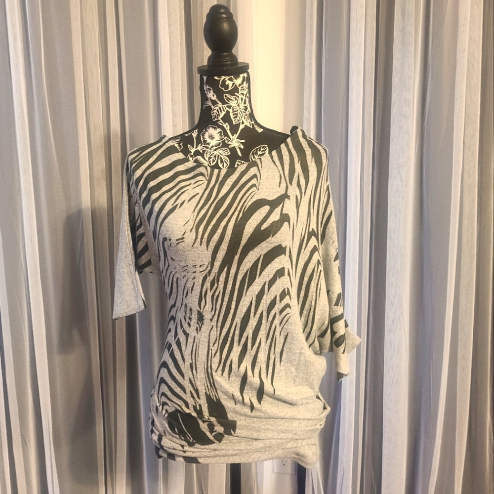 Mind Code Gray and Black Zebra-Print Dolman Top